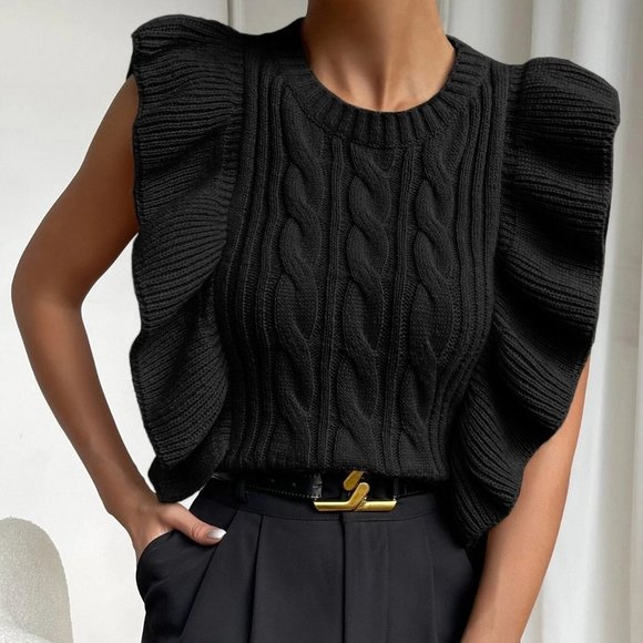 . Sweaters - Black Preppy Womens Cable Knit Ruffle Trim Sweater Vest